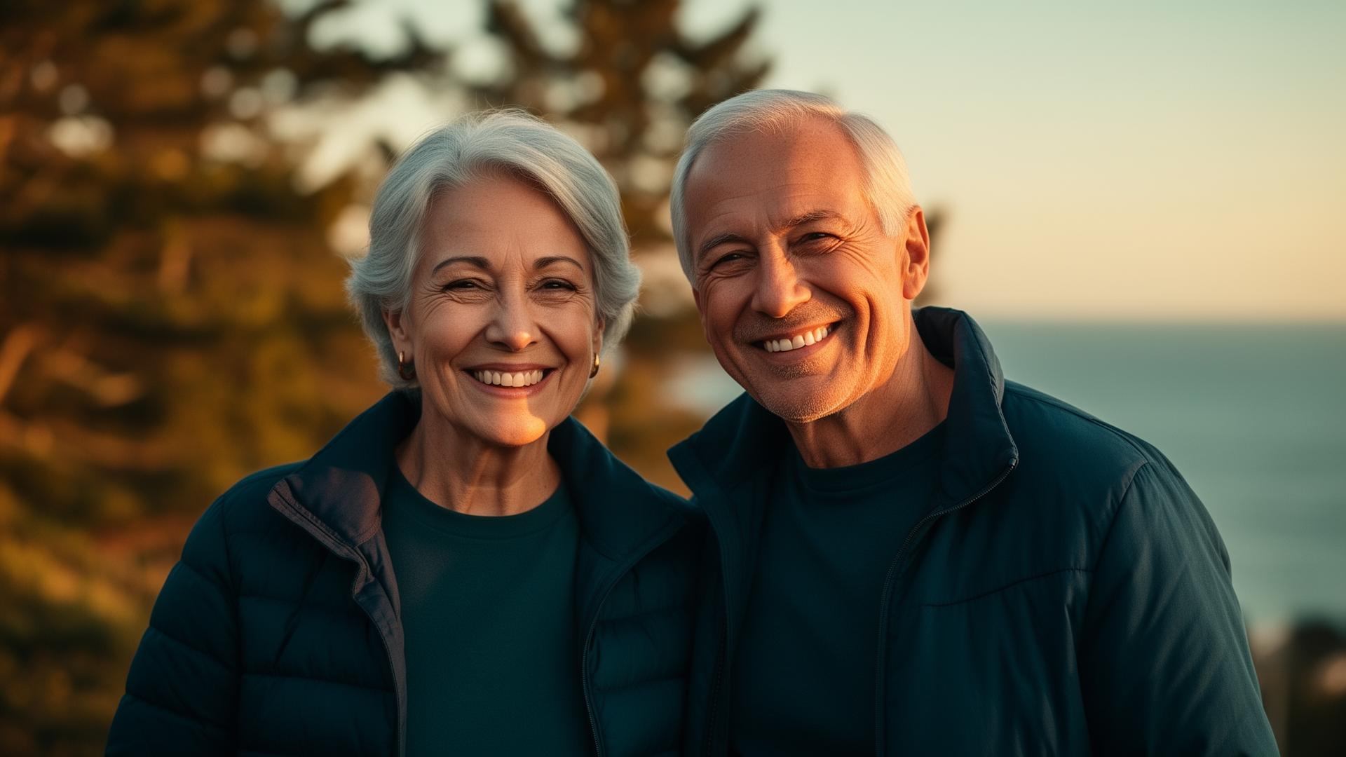 Smiling senior couple outdoors at sunset